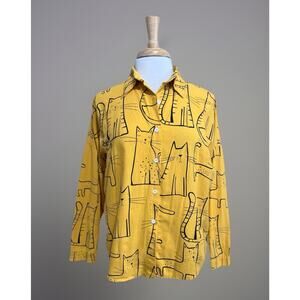 Duolin Shirt Women's XL Cat Print Mustard Yellow Black Button Up Kitty